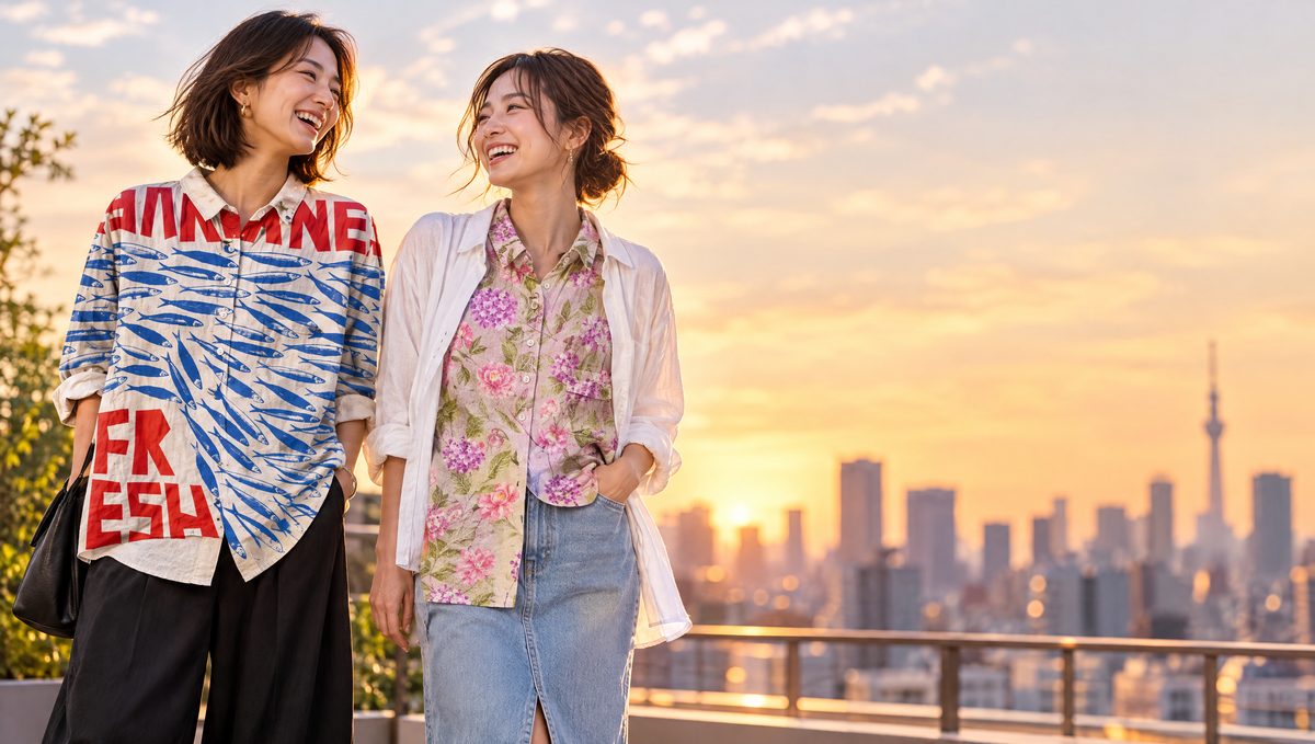 屋上でグラフィックTシャツを着る2人の女性