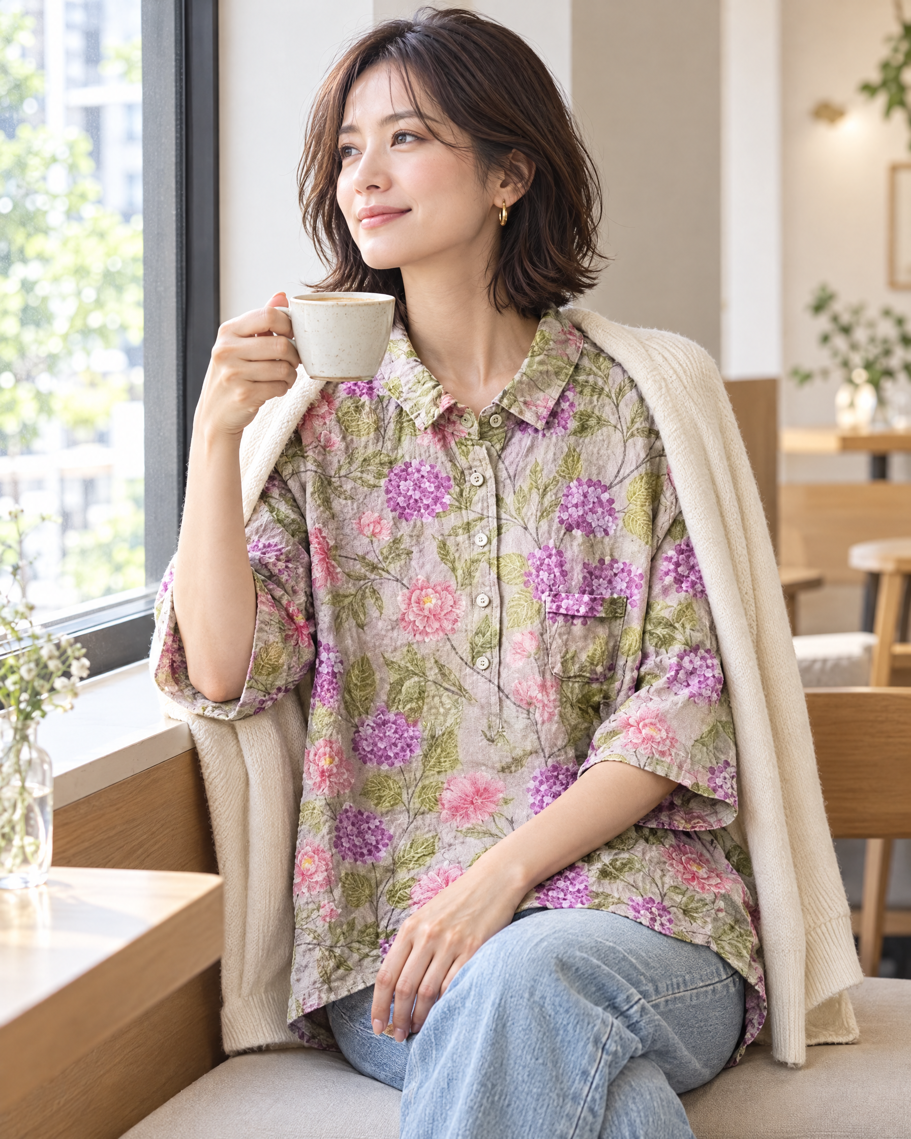 カフェでフラワープリントTシャツを着る女性