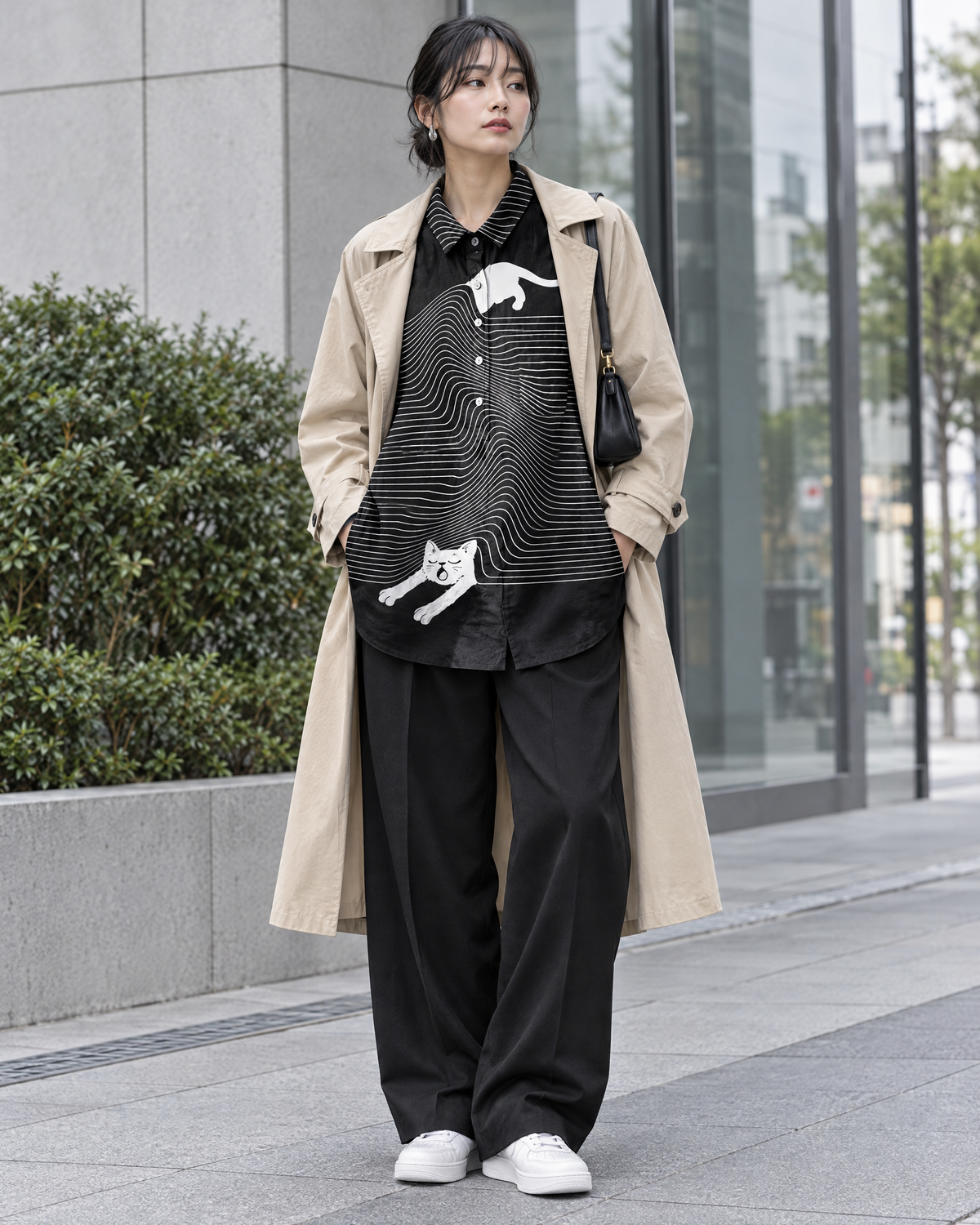 トレンチコートとグラフィックTシャツのストリートスタイル