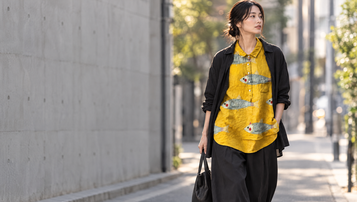 東京の街でグラフィックTシャツを着こなす女性